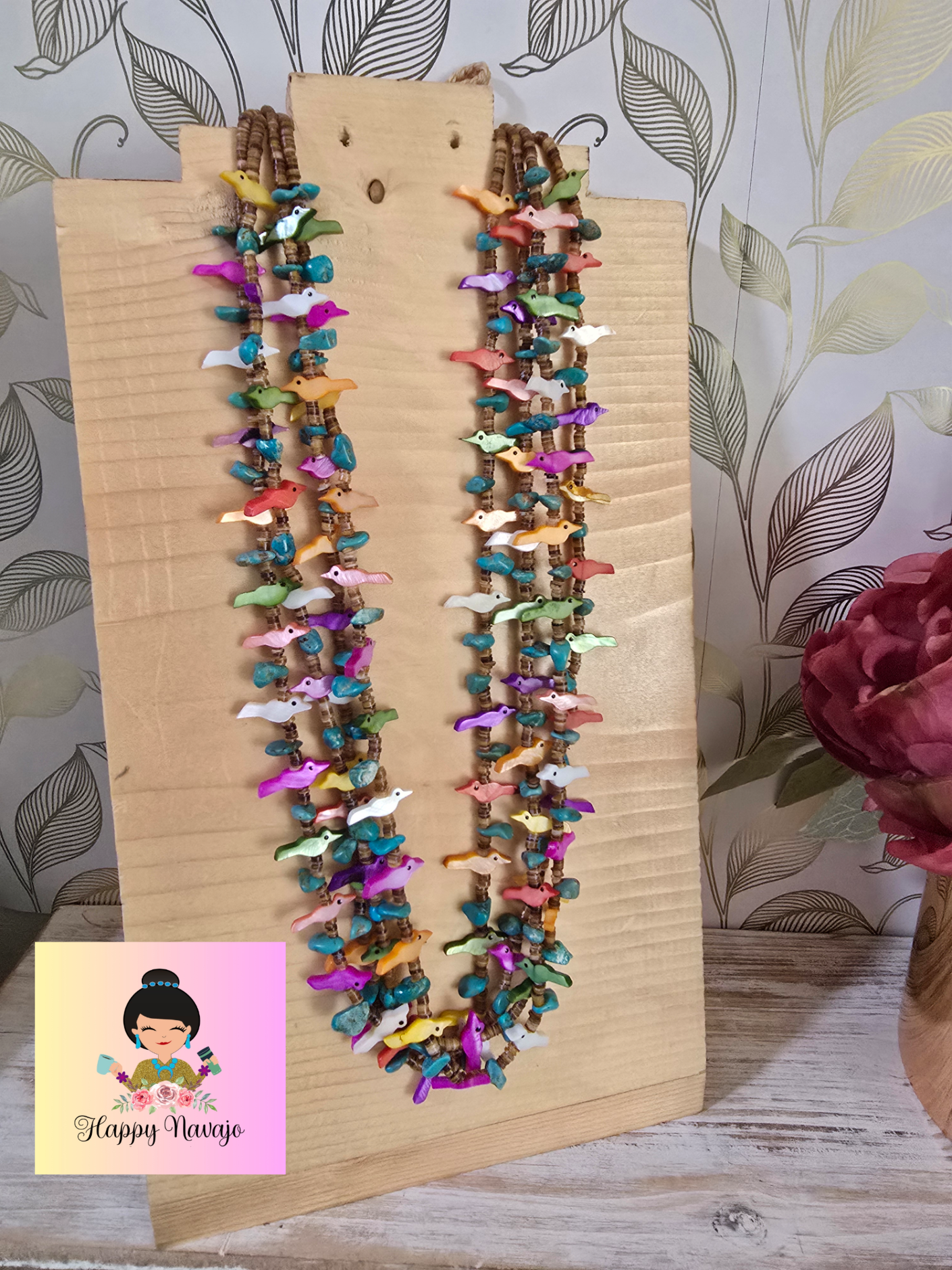 New turquoise and multi-color bird necklace