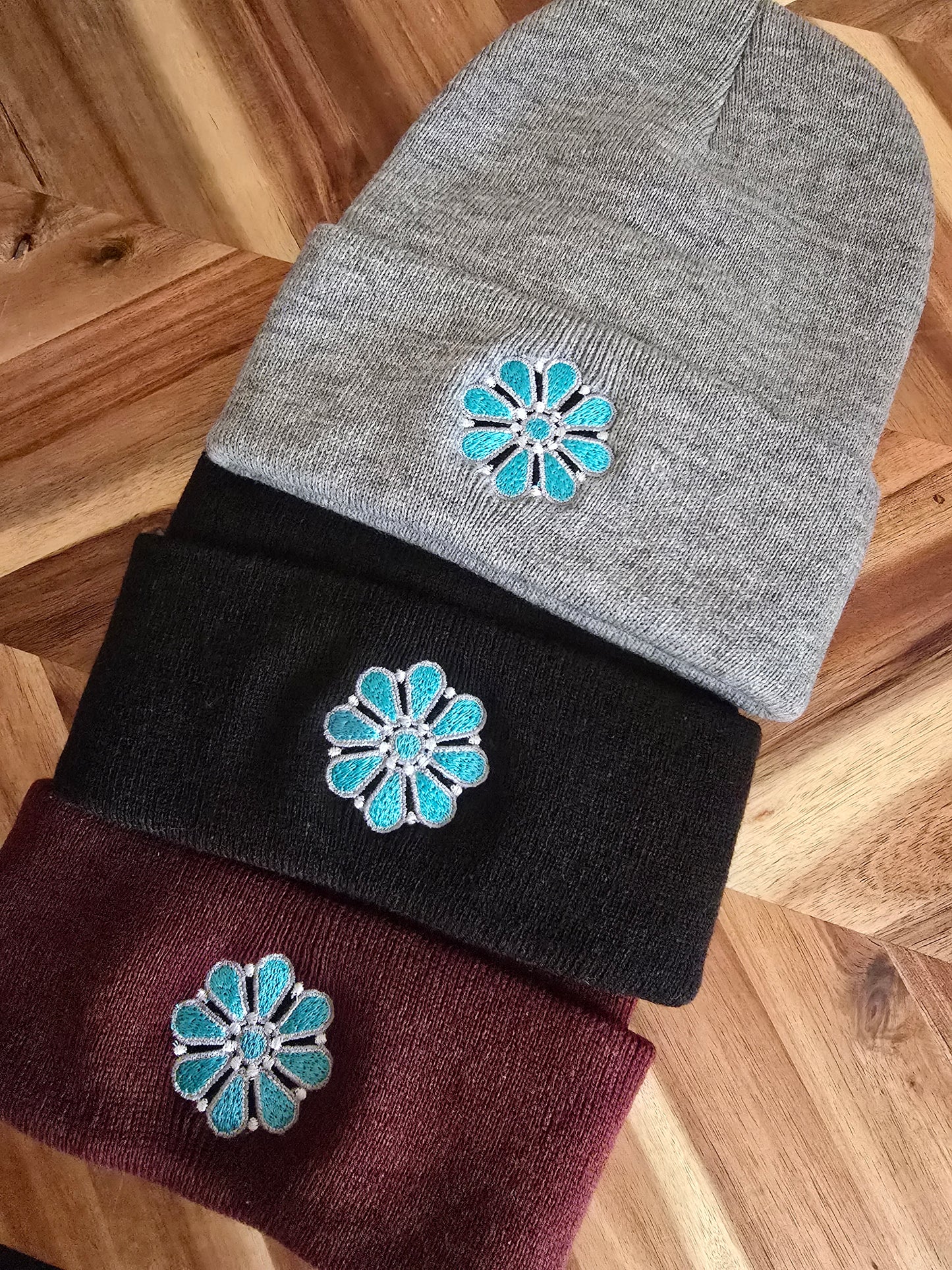 Cluster Turquoise embroidered beanies