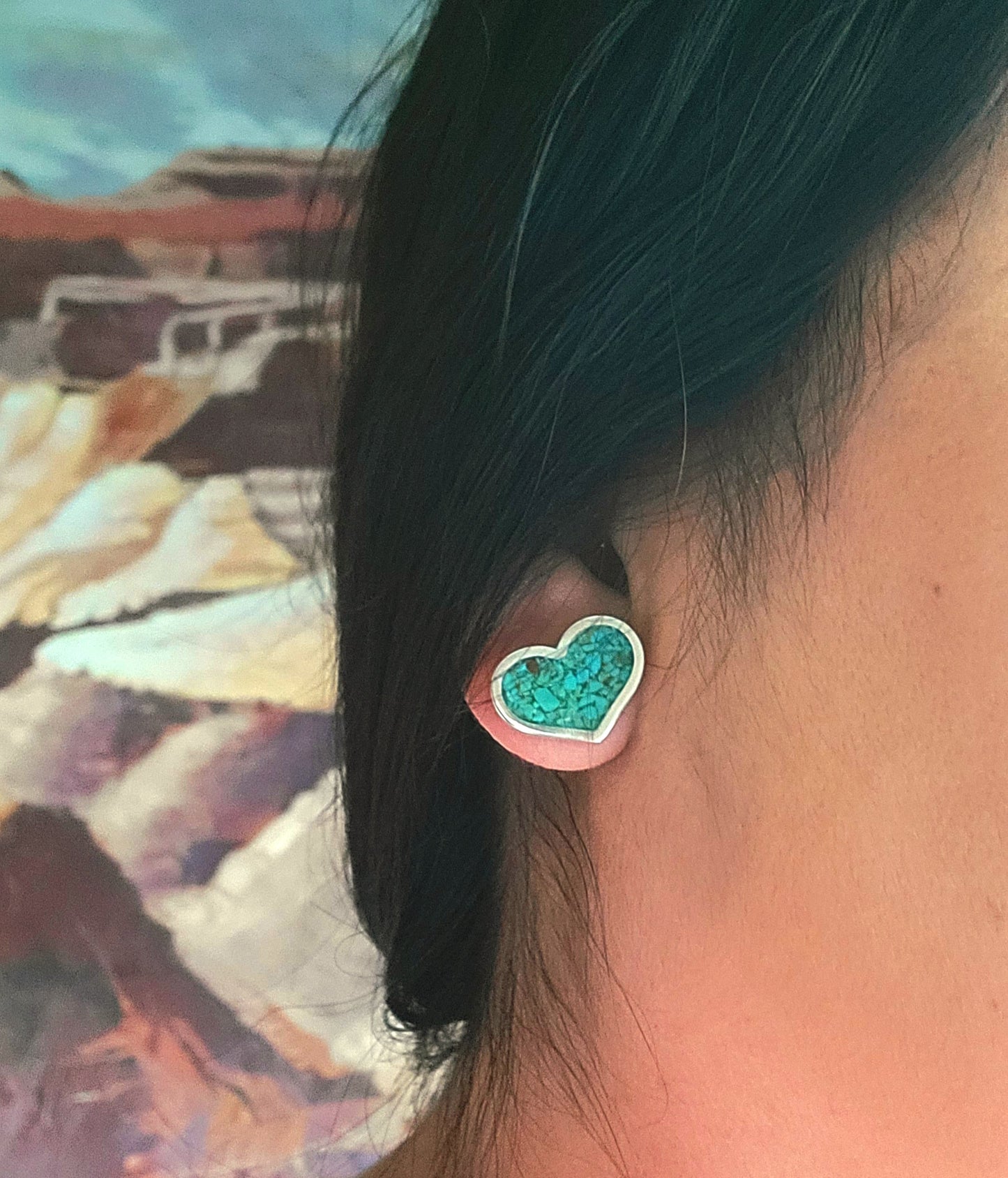 Jewelry- Heart Turquoise Chip Inlayed Earrings